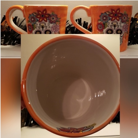 NWOT Set Of 2 Orange Day Of The Dead Ceramic Mugs - Picture 3 of 5